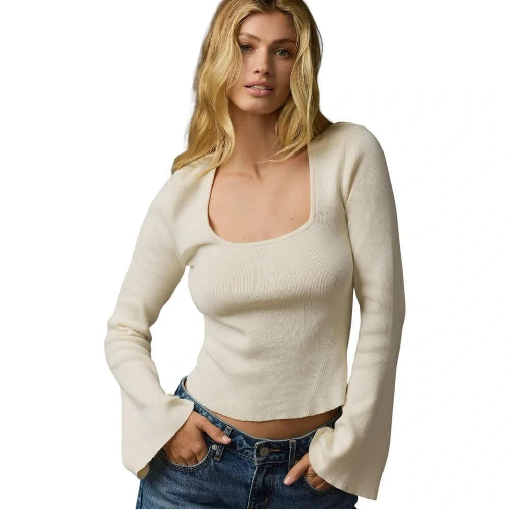ANTHROPOLOGIE | MAEVE Square Neck Bell‎ Sleeve Sweater in Ivory | Knit Top | M